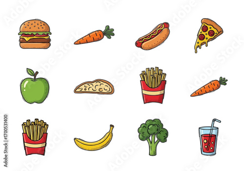 A diverse collection of colorful food icons representing the choice between healthy eating and unhealthy junk food options