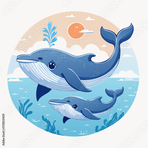 Mother whale and her baby calf diving together in the clear ocean