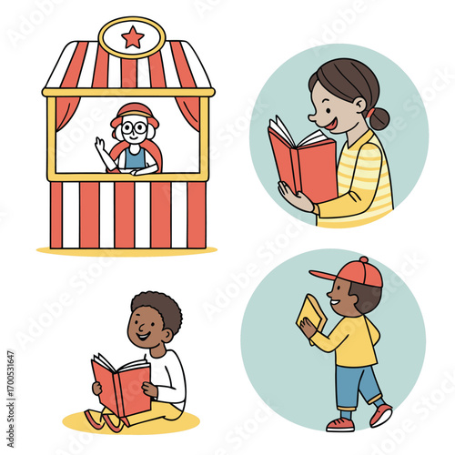 Children enjoying books and a puppet show reading education