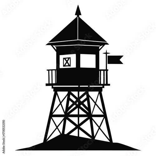 Silhouette of Black Lifeguard Tower With Small Flag and Pointed Roof Design