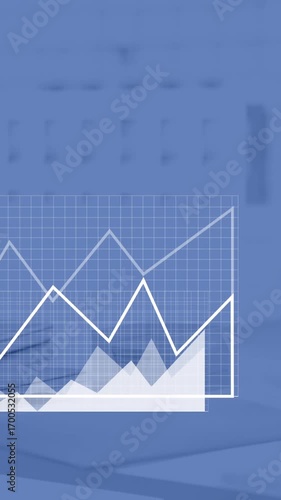 Animation of multiple digital icons and statistical data processing against office desk