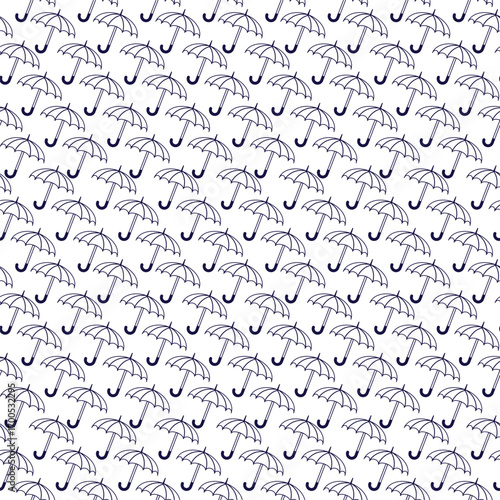 Umbrella cane outline seamless pattern in blue colors on white.