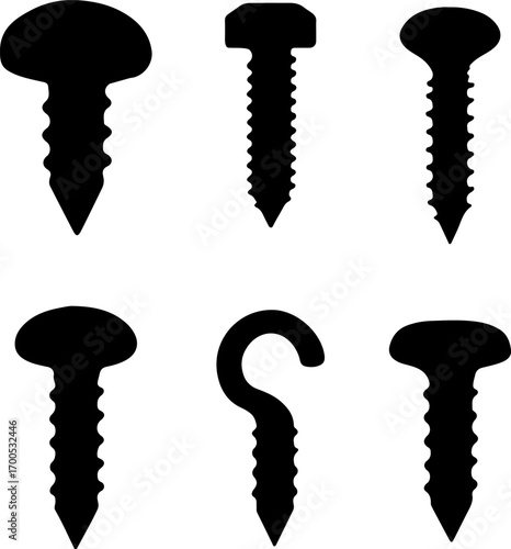 Screw tool silhouettes set, metal screw set vector, Creative screw vector art, screw metal tool vector logo, Set of screw art design, various screws silhouette collection