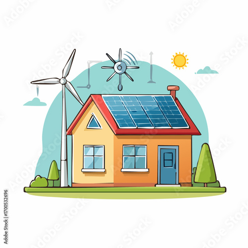 Small house featuring solar panels on the roof, and wind turbines surrounded by green plants and a tree, Sustainable energy climate alternative. Solar, wind power