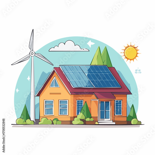 Small house featuring solar panels on the roof, and wind turbines surrounded by green plants and a tree, Sustainable energy climate alternative. Solar, wind power