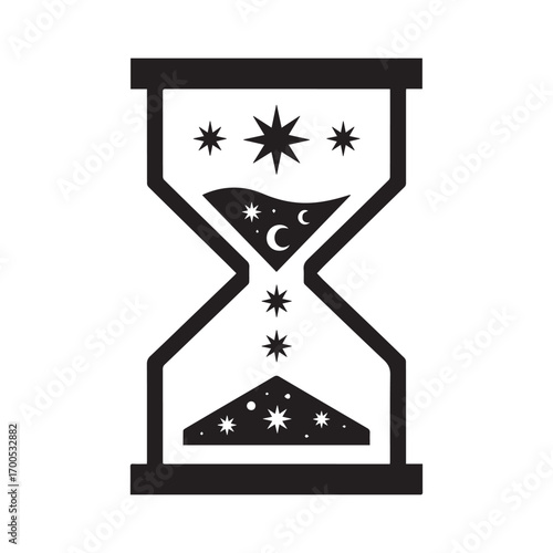  Silhouette Cosmic Hourglass Illustration with Stars, Moons, Geometry, Symbolism, and Universal Balance. 
