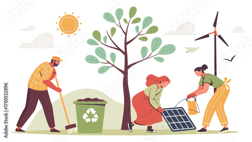 People working together to promote environmental sustainability by cleaning up and installing solar panels near a wind turbine.