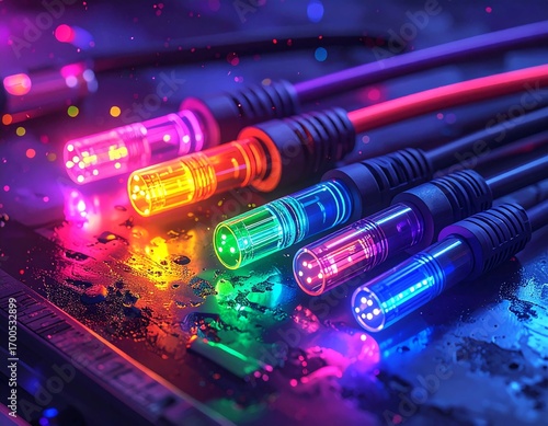 Close-Up of Colorful Fiber Optic Cables with Glowing Connectors