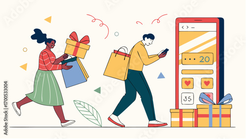 People shopping online with mobile app and carrying gifts and shopping bags.
