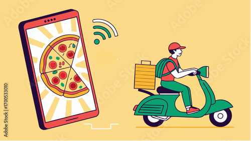 A pizza delivery illustration showing a smartphone with a pizza image and a delivery person on a scooter.