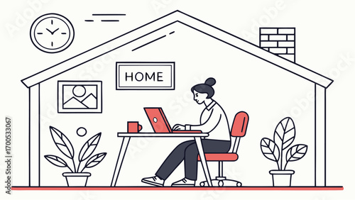 Line art illustration of a woman working from home on a laptop at a desk inside a house outline, depicting remote work lifestyle.