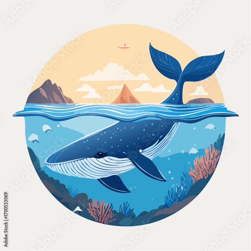 Funny whale diving together in the clear ocean with clean inveronment. Animal conservation concept