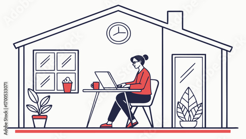 Illustration of a woman working on a laptop at a desk inside a house, remote work.