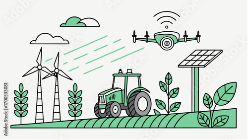 Illustration of sustainable agriculture with wind turbines, solar panel, drone, and tractor.