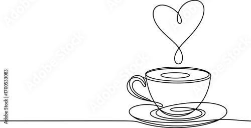 Black line drawing of coffee cup with heart steam saucer
