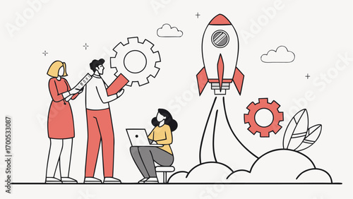 Team collaboration and startup launch concept illustration, showing a group of people working together towards a successful launch.