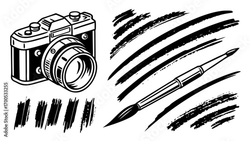 Black and white illustration of a vintage camera and artistic brushstrokes, perfect for design.