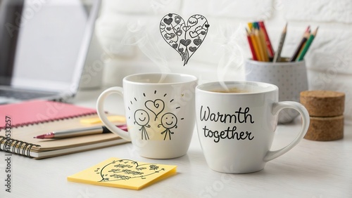 Cozy Coffee Break with Heartwarming Mugs and Office Supplies