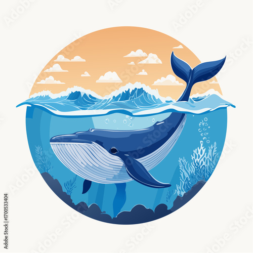 Funny whale diving together in the clear ocean with clean inveronment. Animal conservation concept