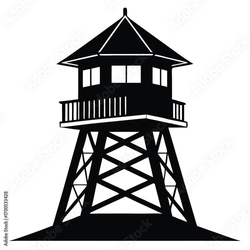 Black Silhouette of Wooden Observation Tower with Balcony and Windows, Triangular Base