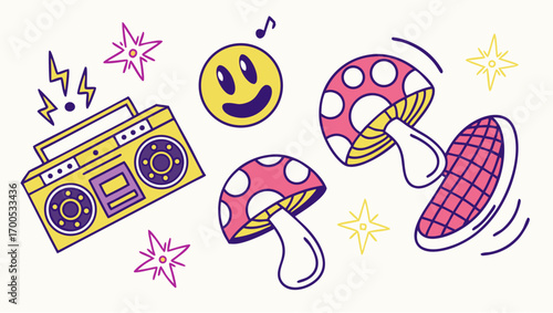 Groovy retro illustrations: boombox, smiley, mushrooms, stars.