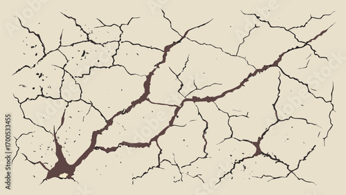 A network of dark brown cracks spreads across a light beige surface, illustrating a dry, fractured, and weathered texture.