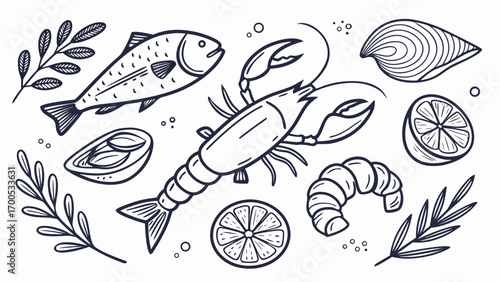 Line art drawing of seafood: fish, lobster, shrimp, clams, lemon slices.