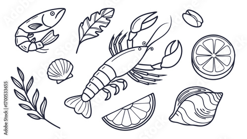 A collection of hand-drawn seafood illustrations, including a lobster, shrimp, fish, shells, and lemon slices, presented in a clean, minimalist line art style.