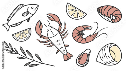 Collection of seafood illustrations, including fish, lobster, shrimp, lemon slices, and shellfish.