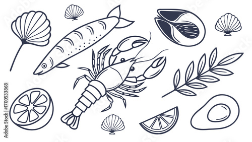 Black and white illustration of various seafood items and citrus fruits, perfect for culinary themes.