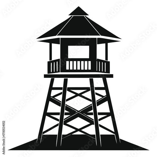Silhouette of a Black Wooden Watchtower Structure with a PagodaStyle Roof