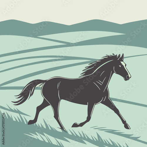 Dynamic silhouette of a horse galloping across an open field under a vibrant sky
