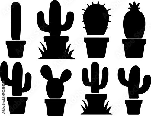 Cactus in a pot silhouettes set, cactus plant set vector, Creative potted plant vector art, cactus plant with grass vector logo, Set of house plant art design, potted plant silhouette collection