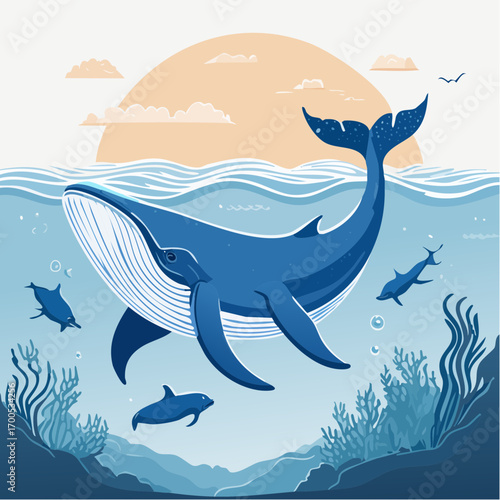 Funny whale diving together in the clear ocean with clean inveronment. Animal conservation concept