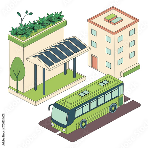 Green city infrastructure with bus and building green bus