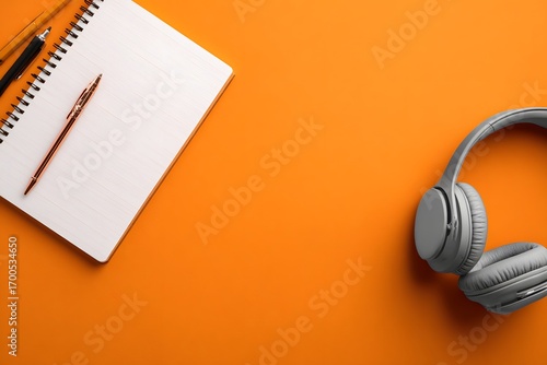 Notebook pens and headphones on orange background
