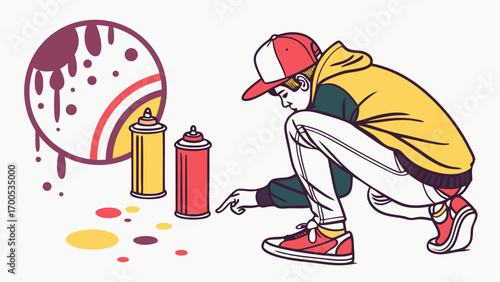 A young person wearing a cap and hoodie is crouching, selecting a spray paint can for graffiti art.