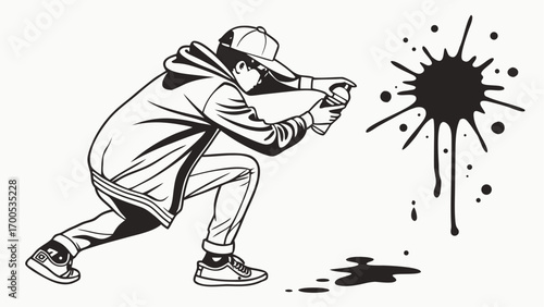 A person in a hoodie and cap sprays black paint from a can, creating a splatter on a white background.