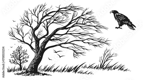 Black and white sketch of a windswept bare tree with an eagle flying above a grassy landscape.