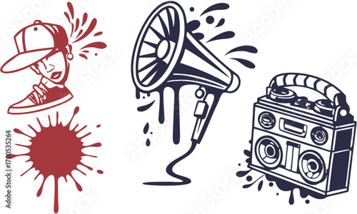 Hip-hop graphic design elements, including a megaphone, boombox, and graffiti-style splash art.