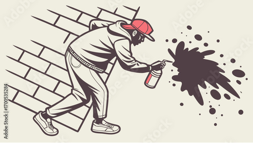 A graffiti artist in action, spraying paint on a brick wall.