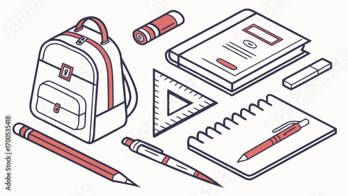 Isometric illustration of school supplies including a backpack, notebook, and stationery items.