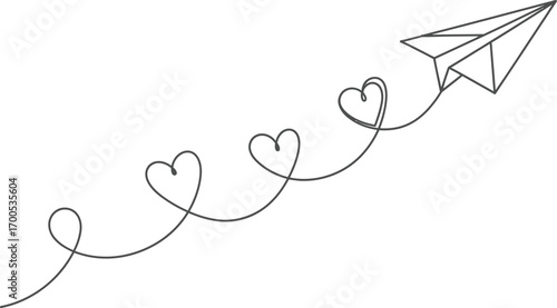 Paper Airplane with Heart Trail in Continuous Line Art on White Background