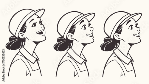 Three sequential drawings of a young woman wearing a cap and overalls, showing different expressions of joy and anticipation as she looks upwards.