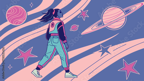 Illustration of a person walking through a cosmic landscape with planets and stars.