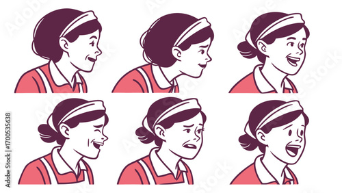 Cartoon woman showing different emotions, including happiness, sadness, and laughter.
