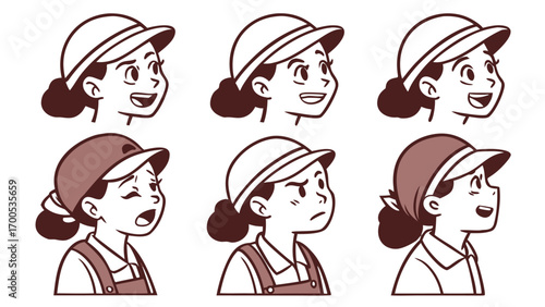 Six different expressions of a cartoon girl wearing a hat and overalls, showcasing various emotions.