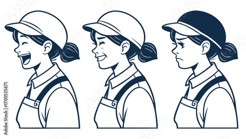Three profile views of a woman showing different emotions.