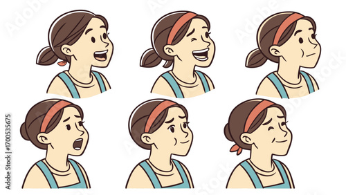 Set of six cartoon facial expressions of a young girl with a headband, showing various emotions like happiness, sadness, and surprise.