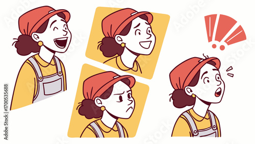 A collection of cartoon illustrations depicting a woman's diverse facial expressions and emotions.
